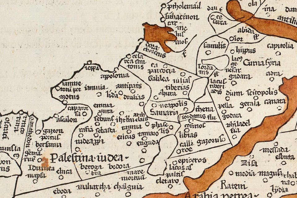 *A map of Palestine published in a 1482 version of Ptolemy's *Cosmographia* by Nicolaus Germanus.* Wikipedia. Palestine-Main