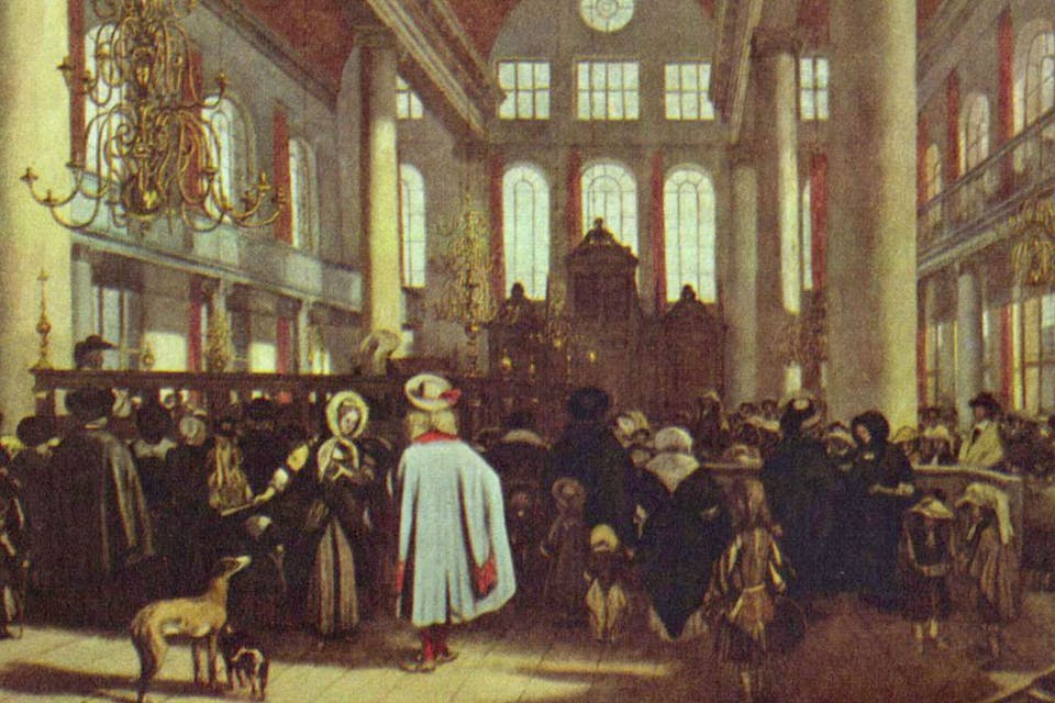 *From *The Interior of the Portuguese Synagogue in Amsterdam* by Emanuel de Witte, 1680.* Wikimedia. Portoguese Synagogue Main