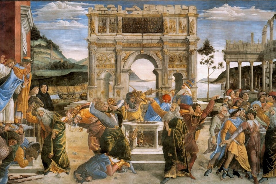Botticelli's *The Punishment of Korah and the Stoning of Moses and Aaron*, 1482. Wikipedia. Botticcelli,_Sandro_-_The_Punishment_of_Korah_and_the_Stoning_of_Moses_and_Aaron_-_1481-82