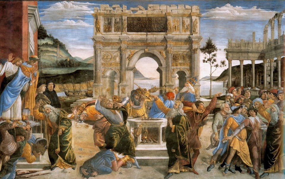 Botticcelli,_Sandro_-_The_Punishment_of_Korah_and_the_Stoning_of_Moses_and_Aaron_-_1481-82
