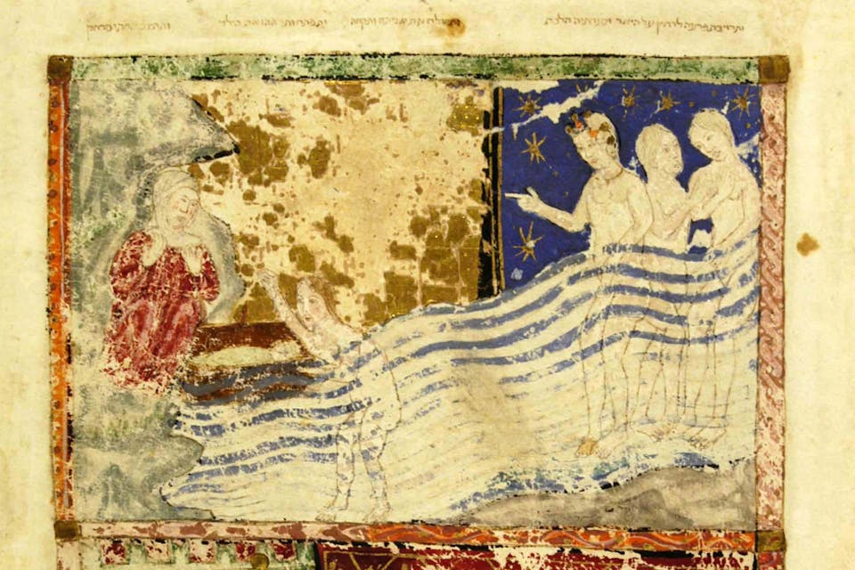 *An illustration from the Kaufmann Haggadah, produced in 14th-century Catalonia, showing Pharaoh’s daughter, wearing a crown of flowers, in the Nile with her two maidservants. On the left a third maiden is opening the basket in which the infant Moses is lying, while Miriam, sitting under a rock on the river bank, converses with her. *The Collection of David Kaufmann. haggadah-main