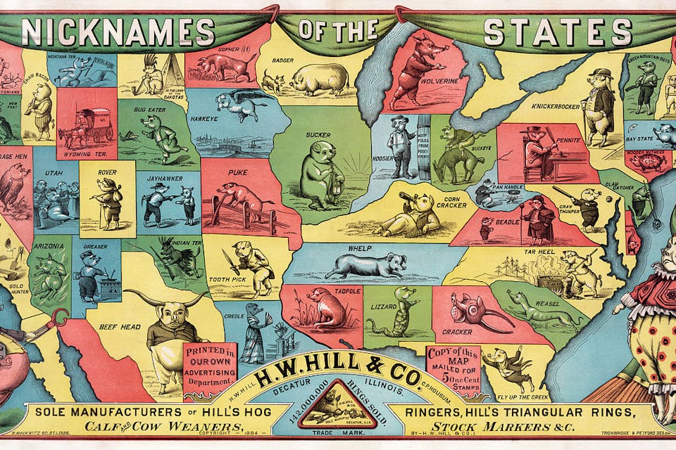 *An 1884 of the United States showing the state nicknames.* Wikipedia. 1280px-Nicknames_of_the_states,_1884