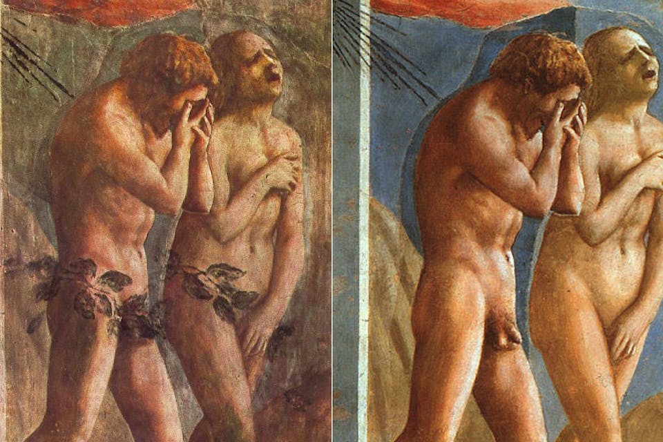 *From *The Expulsion Of Adam and Eve from Eden* by Masaccio. 1426-1428. Altered in 1680, left frame; restored in 1980, right frame.* Wikimedia. Expulsion