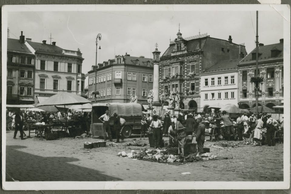*A view of the outdoor market in a Czechoslovakian town around 1944. *United States Holocaust Memorial Museum, courtesy of Sam Smilovic. RetrieveAsset-1