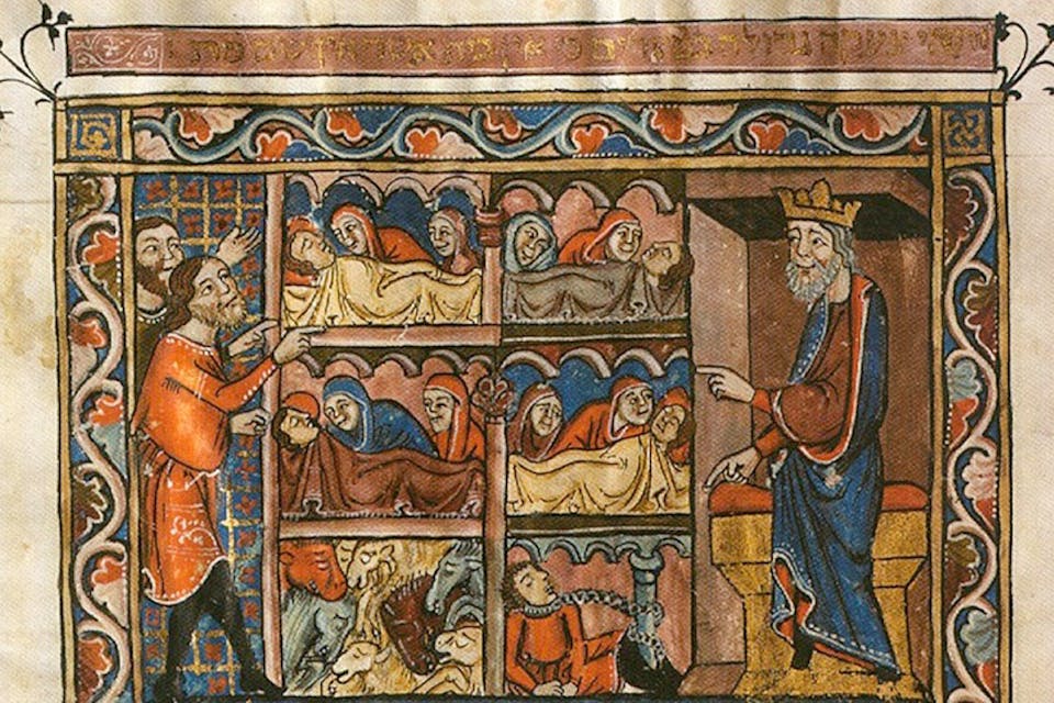 The Death of the First Born* from the Rylands Haggadah, created in Catalonia, Spain sometime around 1330.* Rylands-First-Born