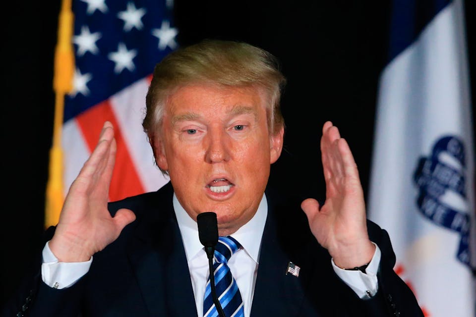 *Donald Trump speaks during a campaign stop in Council Bluffs, Iowa on December 29, 2015.* AP Photo/Nati Harnik, File. Trump-Schlong-Hands