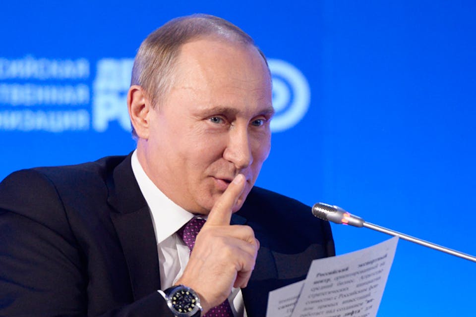*Russian President Vladimir Putin gestures as he speaks at the "Business Russia" forum in Moscow on May 26, 2015.* Alexei Nikolsky/RIA Novosti, Kremlin Pool Photo via AP. Putin-Main