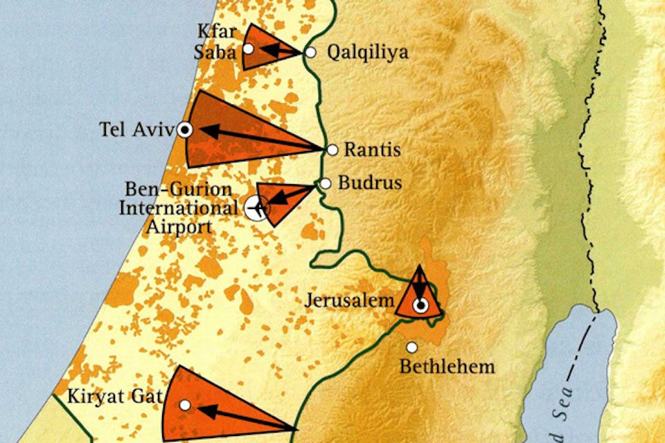*An excerpt of a map showing threats to Israeli population centers from the West Bank.* Jerusalem Center for Public Affairs. Borders-Main