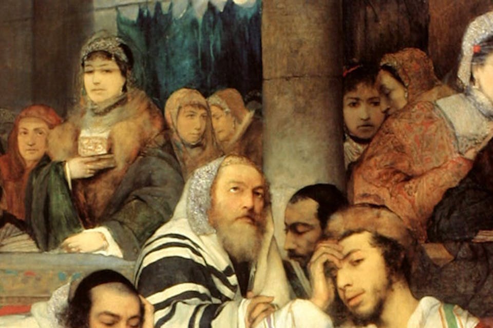 From *Jews praying in the synagogue on Yom Kippur*, 1878, by the Polish Jewish painter Maurycy Gottlieb (1856-1879). Via Wikimedia. Gottlieb-YK-Big