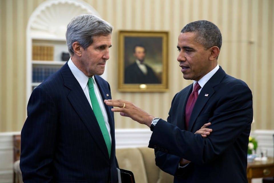 *President Barack Obama talks with Secretary of State John Kerry in the Oval Office, Nov. 1, 2013.* Official White House photo by Pete Souza. p110113ps0438