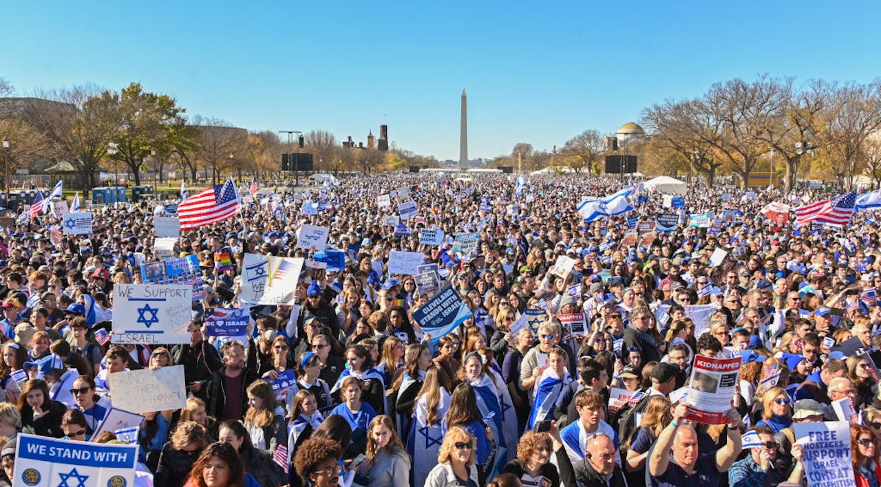 The 2023 march for Israel in Washington, DC. *Noam Galai via Getty Images*. WASHINGTON, DC – NOVEMBER 14: Thousands gather during ‘March For Israel’ at the National Mall on November 14, 2023 in Washington, DC. The large pro-Israel gathering comes as the Israel-Hamas war enters its sixth week following the October 7 terrorist attacks by Hamas. (Photo by Noam Galai/Getty Images)
