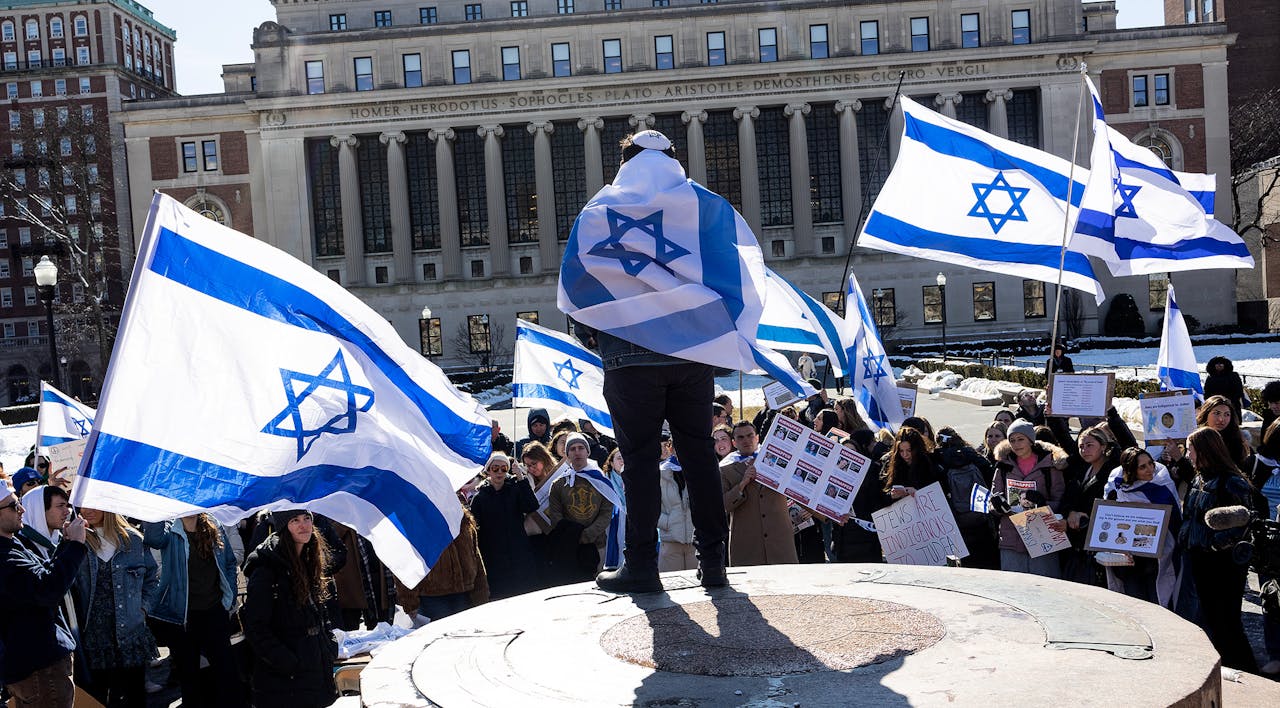 Students hold a rally in support of Israel and against anti-Semitism at Columbia University, February 14, 2024. *Andrew Lichtenstein/Corbis via Getty Images.* Cohen Exodus Main