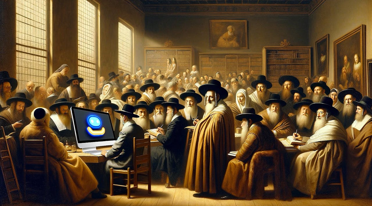 An image created by the AI program DALL-E showing a painting, done in the style of Rembrandt, of Jewish scholars using an AI program on a computer. *DALL-E/Open AI*. Koppel AI