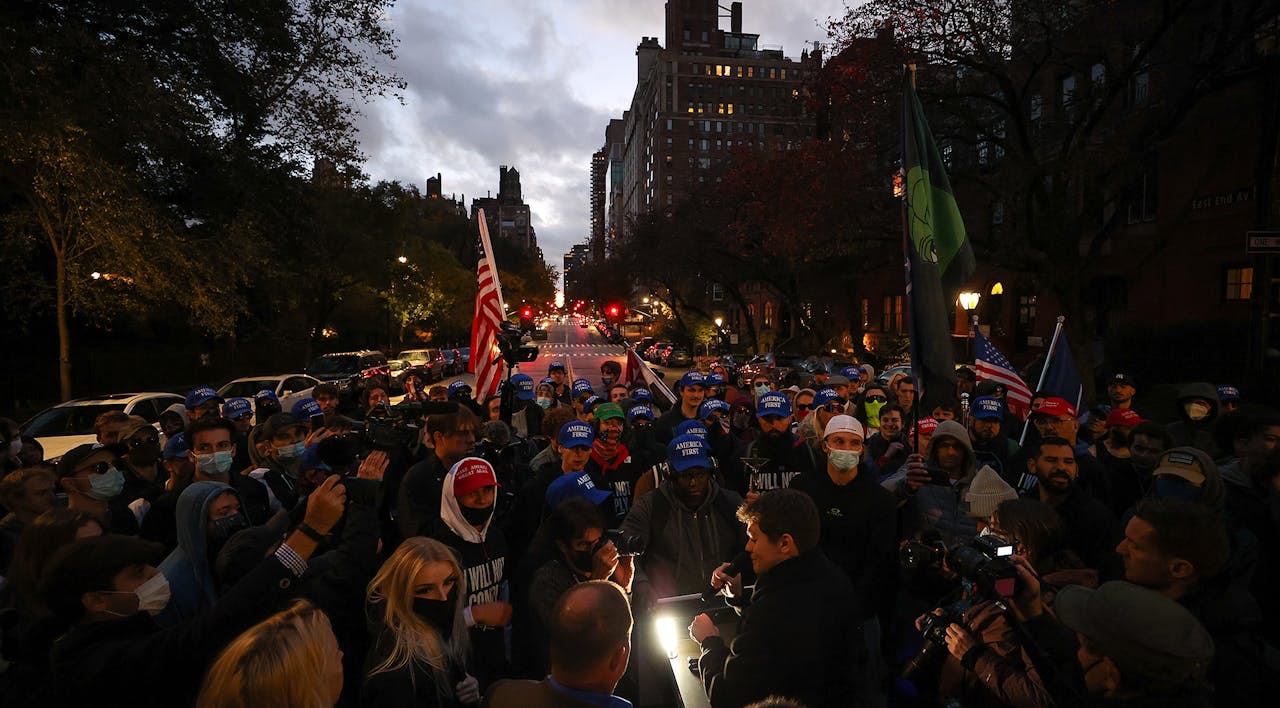Far-right leader Nick Fuentes speaks as protesters gather in New York City on November 13, 2021. *Tayfun Coskun/Anadolu Agency via Getty Images*. Berens Anti-Semitism Main