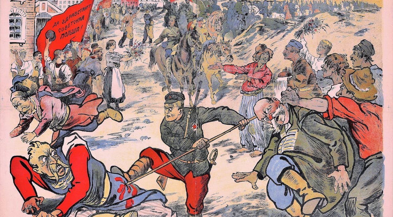 A Bolshevik propaganda poster from the Polish-Soviet war, circa 1920. The red text at the top reads "This is how the Polish lords' plan finishes." *Wikimedia*. Babel Poster Main