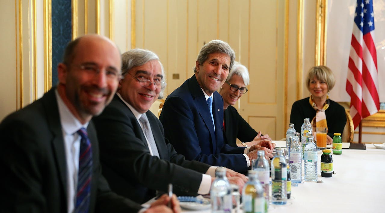 Robert Malley, then-National Security Council senior director for Iran, Iraq, Syria, and the Gulf States, Secretary of Energy Ernest Moniz, Secretary of State John Kerry, and under-secretary for political affairs Wendy Sherman attend the Iran nuclear talks at a hotel in Vienna, Austria on June 30, 2015. *POOL/Siamek Ebrahimi/Anadolu Agency/Getty Images*. Peace Process Main