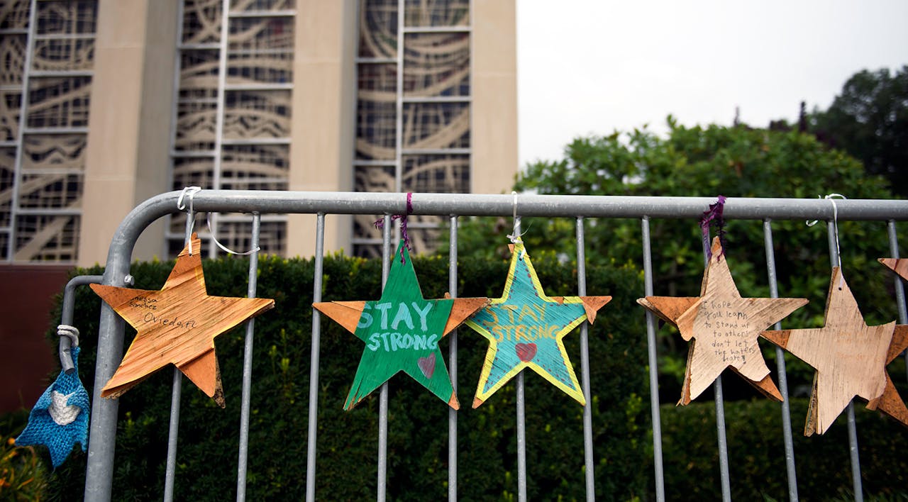 Memorial objects outside Pittsburgh's Tree Of Life Synagogue on August 7, 2019, a year after the synagogue was attacked. *Jeff Swensen for The Washington Post via Getty Images.* Gordis Tree Main