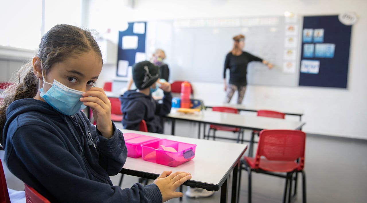 Israeli elementary-school students wearing face masks as they return to school for the first time since the beginning of the pandemic on May 3, 2020 in Jerusalem. *Olivier Fitoussi/Flash90*. Cohen Education Main