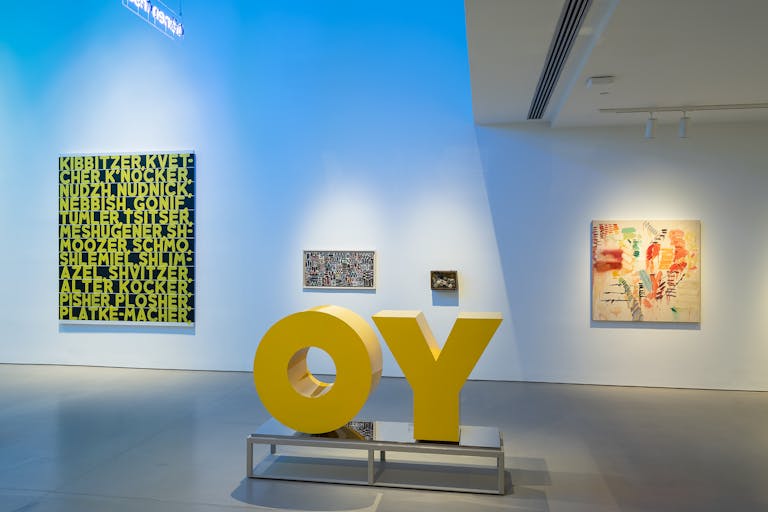 *A view of "OY/YO," an aluminum sculpture by Deborah Kass featured in the Jewish Museum's new exhibition of its permanent collection. *Jewish Museum. Jewish Museum OY