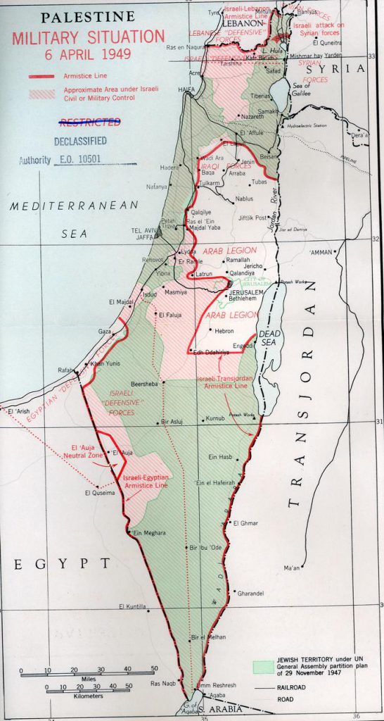 A map of Palestine in 1949 showing, in green, the territory allotted to the Jewish state under the 1947 UN partition plan and, in pink, additional areas won by Israel in its War of Independence.