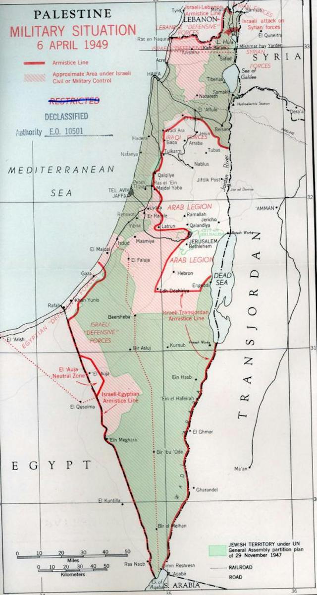 A map of Palestine in 1949 showing, in green, the territory allotted to the Jewish state under the 1947 UN partition plan and, in pink, additional areas won by Israel in its War of Independence.