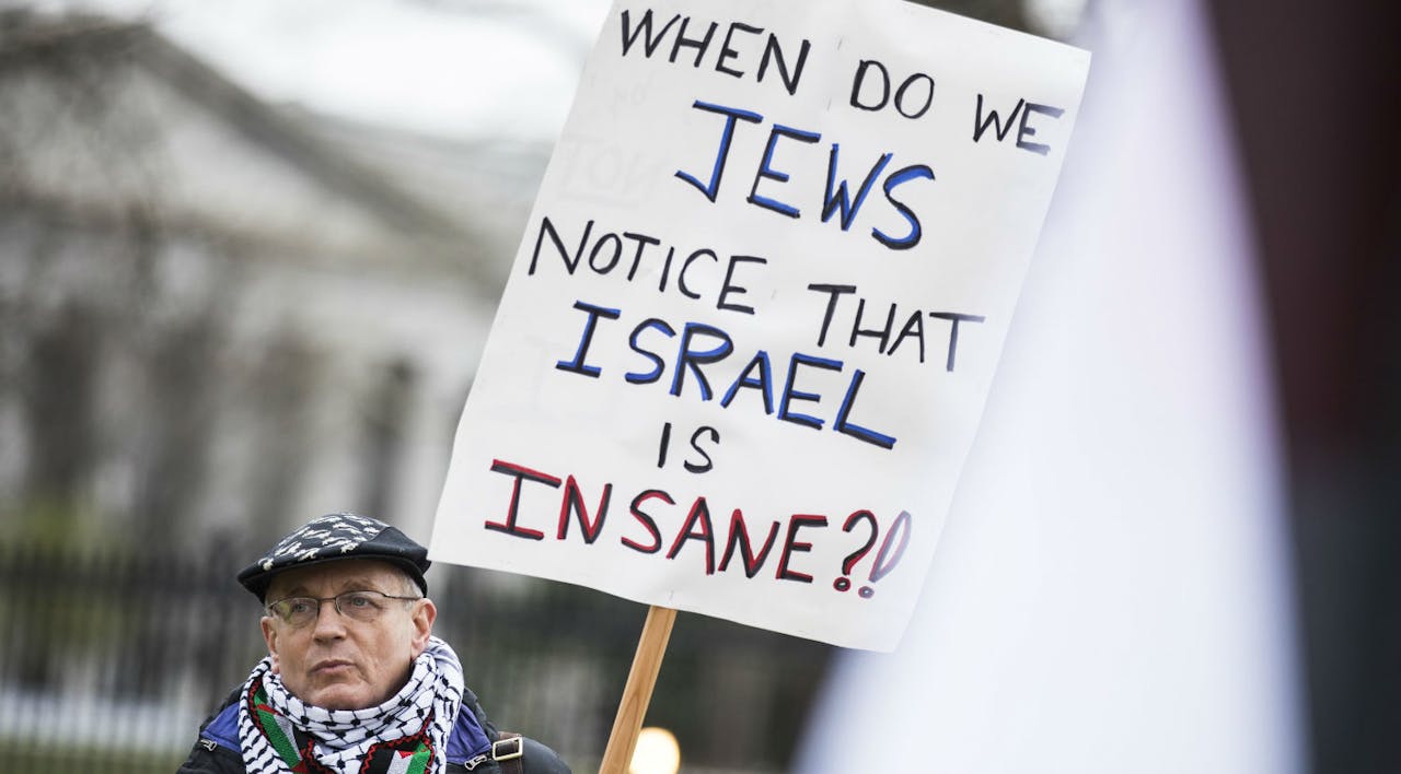 *A protester at a rally in front of the White House during the annual AIPAC conference in Washington on March 26, 2017.* Samuel Corum/Anadolu Agency/Getty Images. Gordis Main
