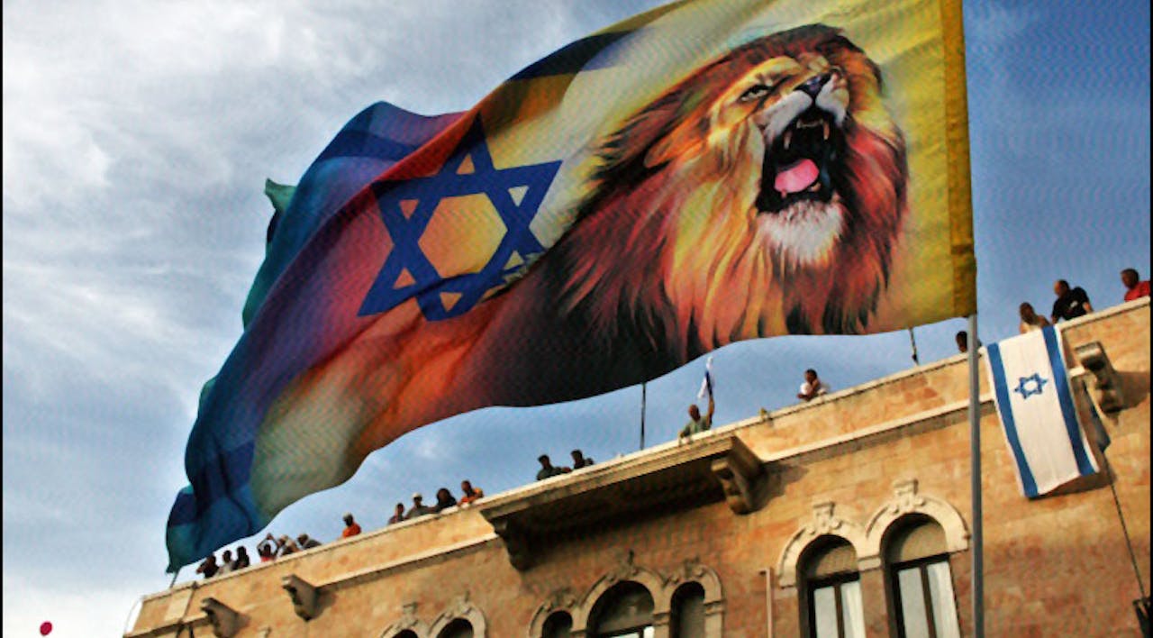 *From a rooftop, Jerusalemites watch an evangelical Christian parade in support of Israel; a marcher carries a flag with a Star of David and a lion.* © AP/Kevin Frayer, 2006. lionmarchsmall24