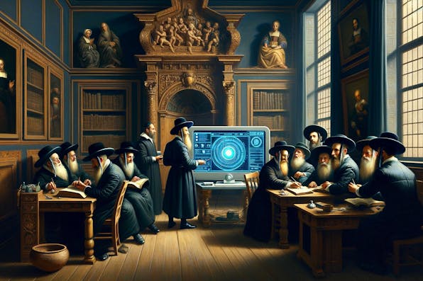 *Mosaic/DALL-E/OpenAI.* DALL·E 2024-03-25 16.12.53 – Maintain the current composition of the painting, emphasizing the Jewish scholars and the computer displaying an artificial intelligence interface, bu