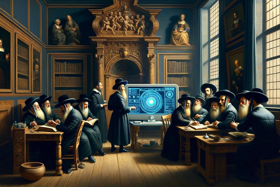 *Mosaic/DALL-E/OpenAI.* DALL·E 2024-03-25 16.12.53 – Maintain the current composition of the painting, emphasizing the Jewish scholars and the computer displaying an artificial intelligence interface, bu