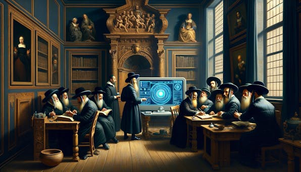 DALL·E 2024-03-25 16.12.53 – Maintain the current composition of the painting, emphasizing the Jewish scholars and the computer displaying an artificial intelligence interface, bu
