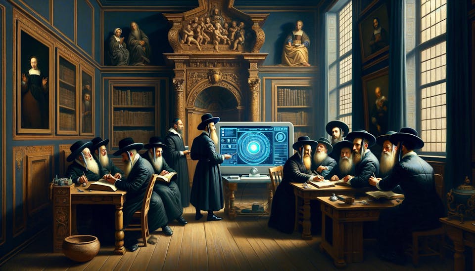 DALL·E 2024-03-25 16.12.53 – Maintain the current composition of the painting, emphasizing the Jewish scholars and the computer displaying an artificial intelligence interface, bu
