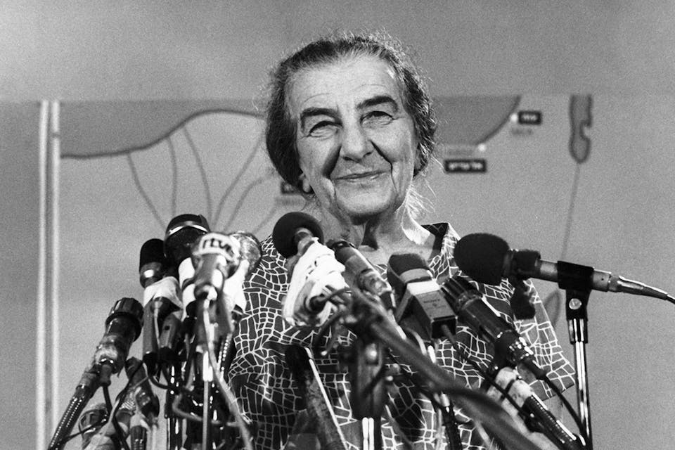 Golda Meir at a press conference in Paris on October 20, 1973. *Bernard CHARLON/Gamma-Rapho via Getty Images.* Meir Main
