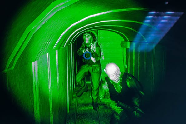 A simulated tunnel attack by Hamas fighters on a digital screen used during a virtual reality battlefield technology exercise by Israeli special combat soldiers on Wednesday, April 26, 2017. *Rina Castelnuovo/Bloomberg via Getty Images.* Kovler Main