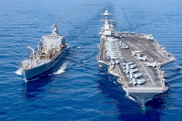 The USS Gerald R. Ford aircraft carrier refuels in the eastern Mediterranean Sea on October 11, 2023. *U.S. Navy via AP*. Rosen Carrier Main