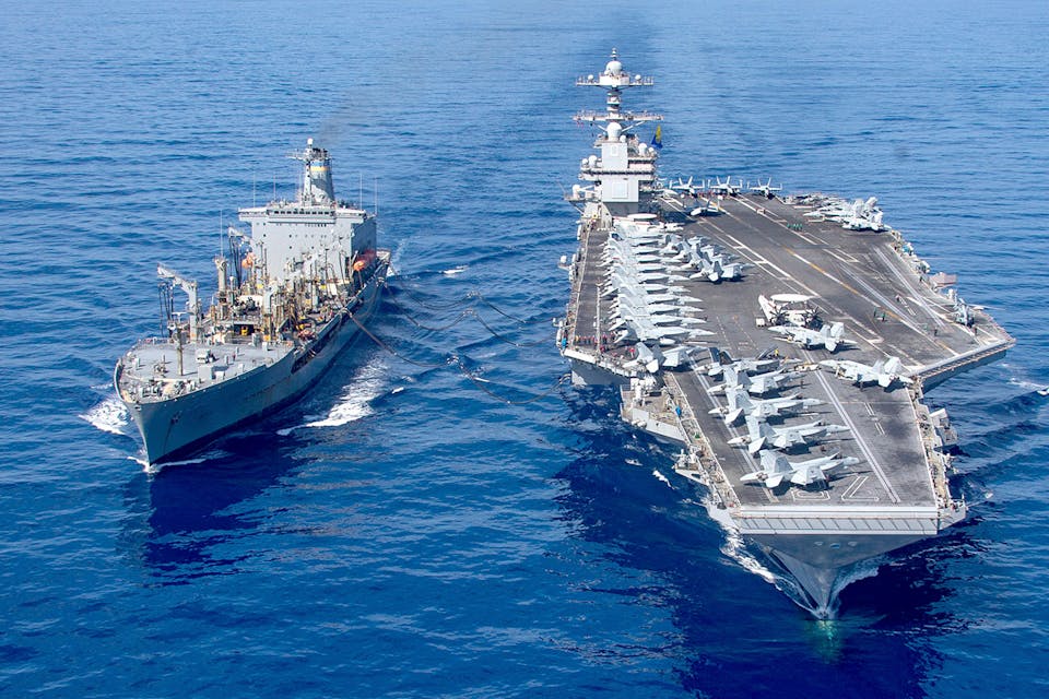 The USS Gerald R. Ford aircraft carrier refuels in the eastern Mediterranean Sea on October 11, 2023. *U.S. Navy via AP*. Rosen Carrier Main