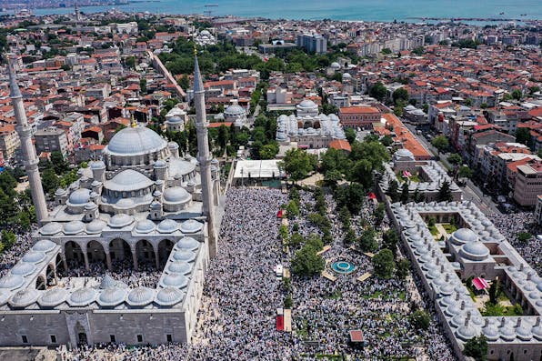 An aerial view of Fatih Mosque as people gather for a funeral in Istanbul on June 24, 2022. *Ali Atmaca/Anadolu Agency via Getty Images*. Turkey LW