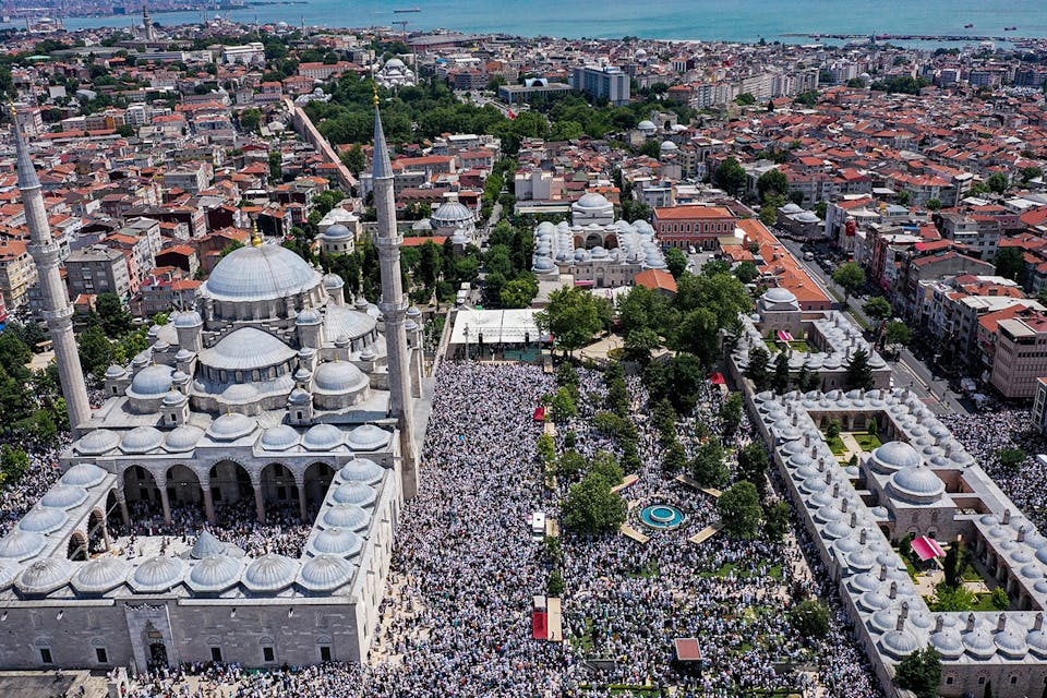 An aerial view of Fatih Mosque as people gather for a funeral in Istanbul on June 24, 2022. *Ali Atmaca/Anadolu Agency via Getty Images*. Turkey LW