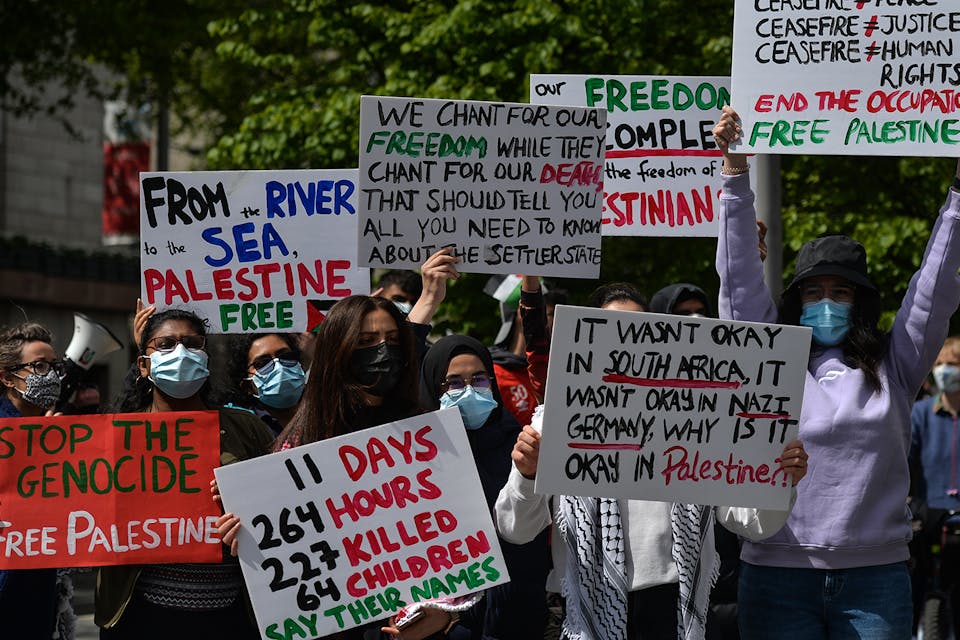 Protesters outside the Israeli Embassy in Dublin on Saturday, 22 May 2021. *Artur Widak/NurPhoto via Getty Images.* Walzer Main
