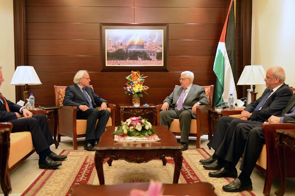 Palestinian Authority President Mahmoud Abbas with U.S. envoy Martin Indyk to discuss peace talks with Israel on September 17, 2013 in Ramallah. *Thaer Ghanaim/PPO via Getty Images*. Mor LW Main