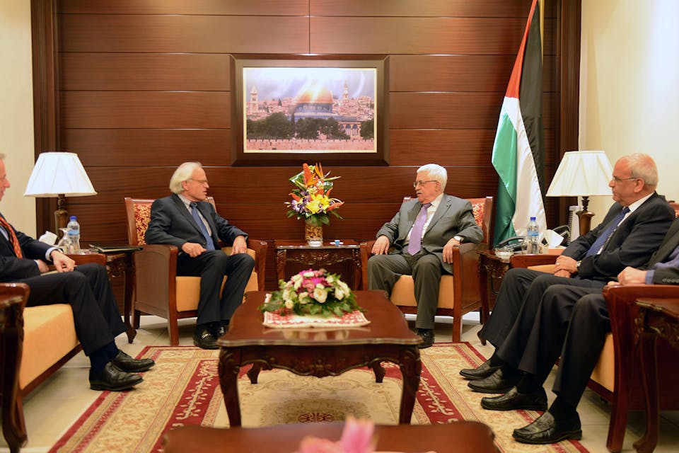 Palestinian Authority President Mahmoud Abbas with U.S. envoy Martin Indyk to discuss peace talks with Israel on September 17, 2013 in Ramallah. *Thaer Ghanaim/PPO via Getty Images*. Mor LW Main