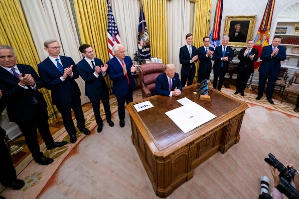President Donald Trump speaks during a meeting with leaders of Israel and UAE announcing a peace agreement to establish diplomatic ties with Israel and the UAE on August 13, 2020 in Washington, DC. *Doug Mills-Pool/Getty Images.* Admin UAE Main