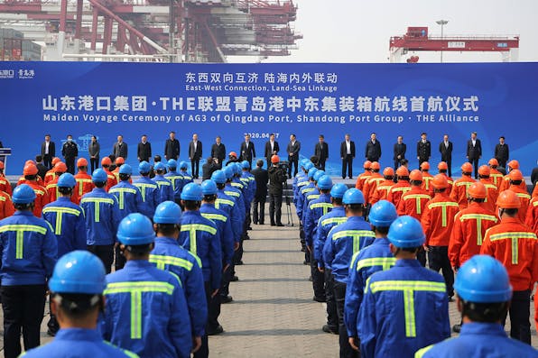 The launch of a new shipping-container alliance running between the Middle East and China in Qingdao on April 7, 2020. *Costfoto/Barcroft Media via Getty Images.* Bolton Main
