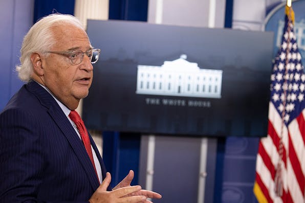 David Friedman, U.S. Ambassador to Israel, speaks during a briefing on the Emirates deal at the White House on August 13, 2020. *Tasos Katopodis/Getty Images.* David Friedman Main
