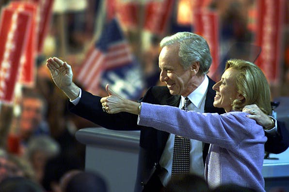 *Vice-presidential candidate Joe Lieberman and his wife Hadassah wave to delegates at the Democratic National Convention in Los Angeles on August 16, 2000*. Mark Wilson/Newsmakers. Lieberman Gore Main