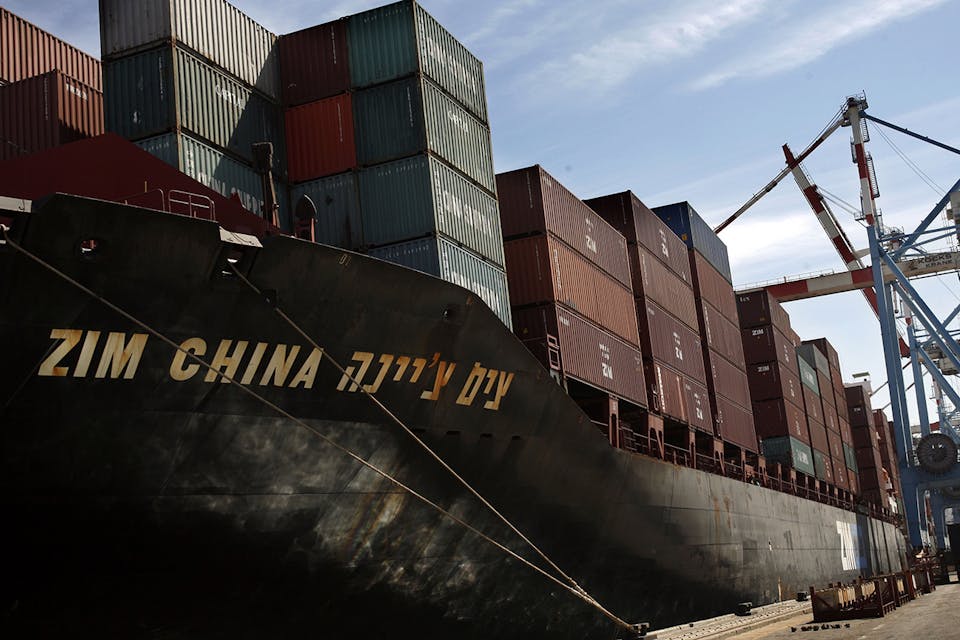 *A container ship at the port of Haifa in 2007.* Yoray Liberman/Getty Images for Bloomberg. Haifa Port Ship Main