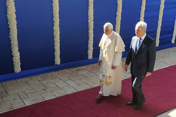 *Then-Pope Benedict XVI with Shimon Peres, then president of Israel, in Jerusalem on May 11, 2009*. Ahikam Seri/Bloomberg via Getty Images. Pope Peres Main