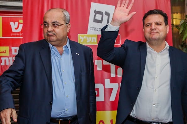 *Arab Israeli leaders Aymam Udeh and Ahmad Tibi at the campaign launch for their joint party Ḥadash-Ta’al on March 13, 2019.* Flash90. Hadash Taal Main
