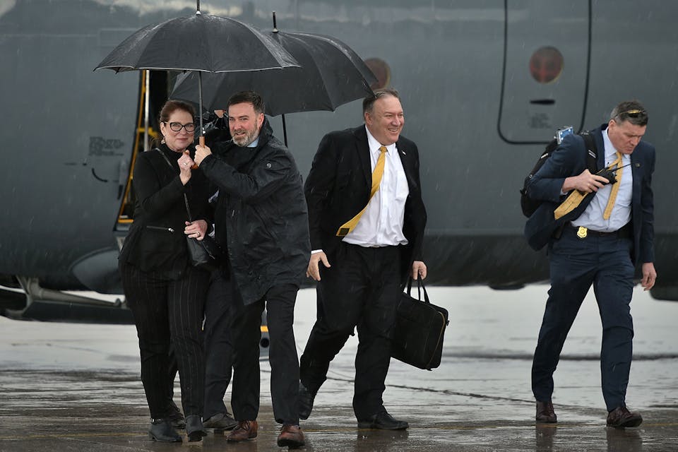 *Secretary of State Mike Pompeo and his wife Susan disembark from their aircraft as they arrive in the Iraqi city of Arbil on January 9, 2019.* ANDREW CABALLERO-REYNOLDS/AFP/Getty Images. Pompeo Abrams