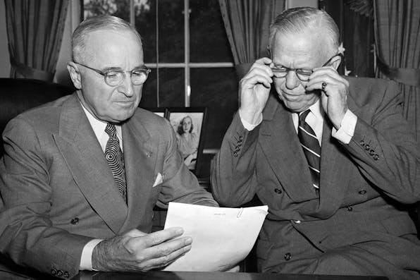 *President Harry Truman and Defense Secretary George C. Marshall in 1951.* Getty. Karsh Main
