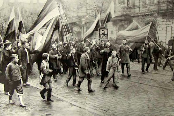 *Russians belonging to a far-right party marching during the 1905 revolution.* Wikipedia. Ascher Main